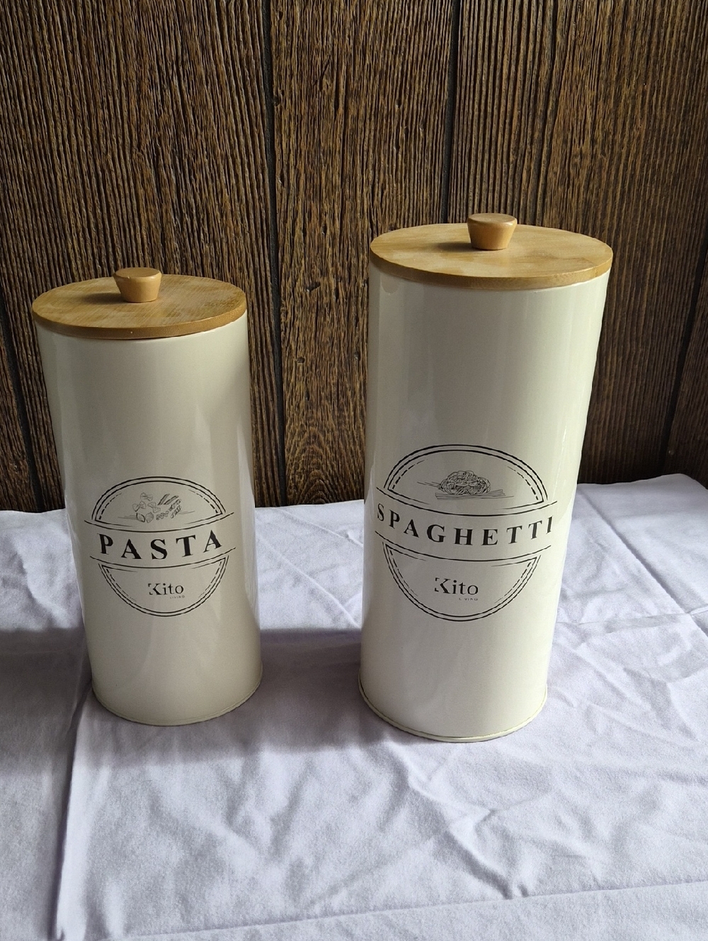 Cream Metal Pasta & Spaghetti Canister Set with Wood Lids